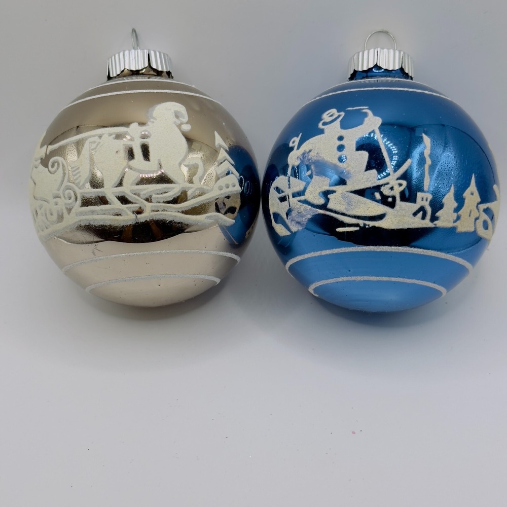 Set 2 Shiny Brite By RADKO Glass Stencil Round Ball Blue Grey Christmas Ornament
